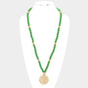 Hammered Metal Round Pendant Wood Beaded Long Necklace