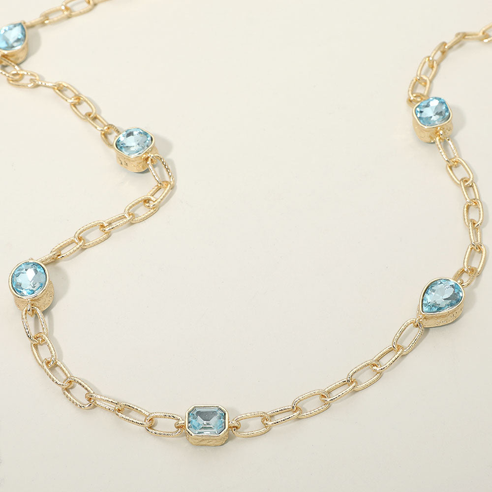 Elegant Faceted Square Teardrop Oval Emerald Stone Accent Long Necklace