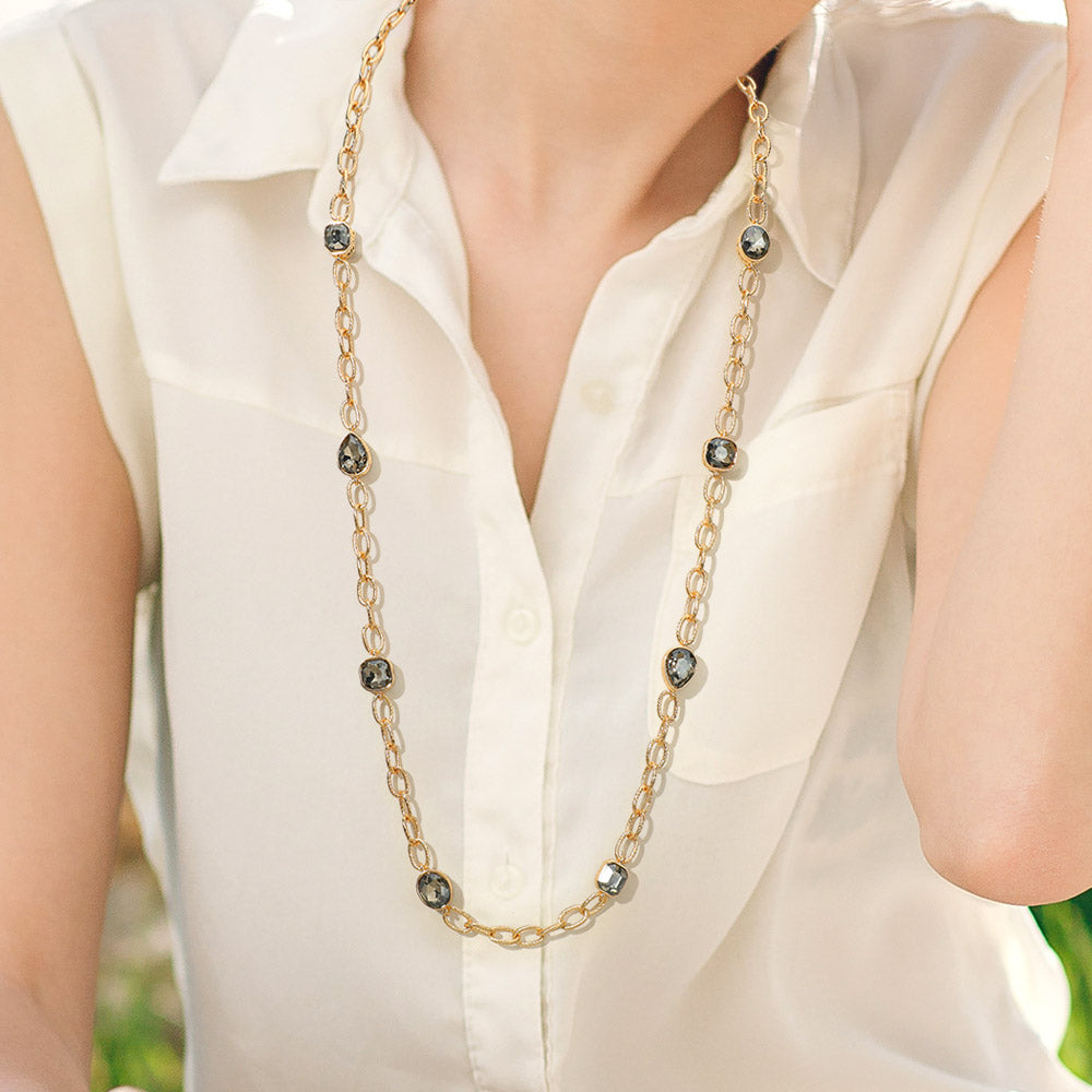 Elegant Faceted Square Teardrop Oval Emerald Stone Accent Long Necklace