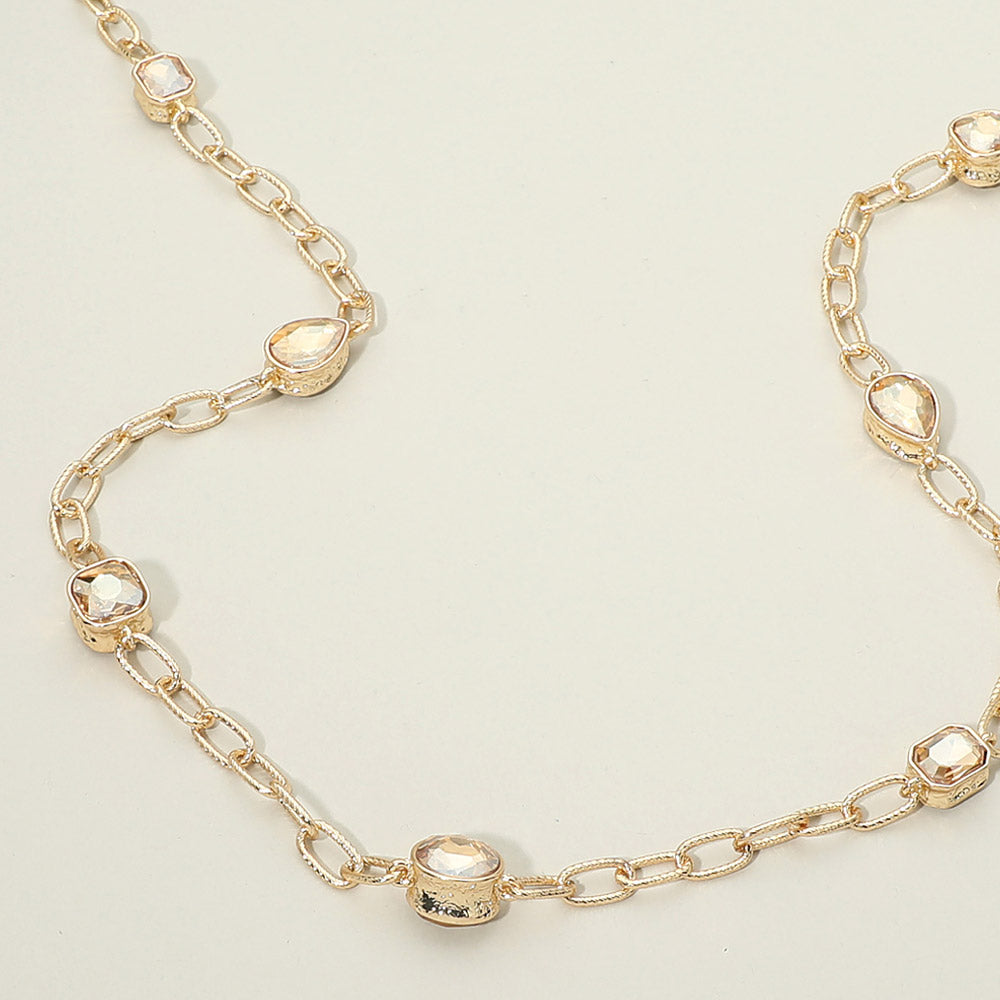 Elegant Faceted Square Teardrop Oval Emerald Stone Accent Long Necklace