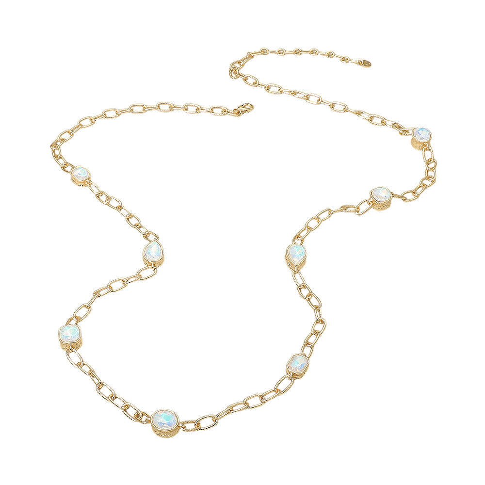 Elegant Faceted Square Teardrop Oval Emerald Stone Accent Long Necklace