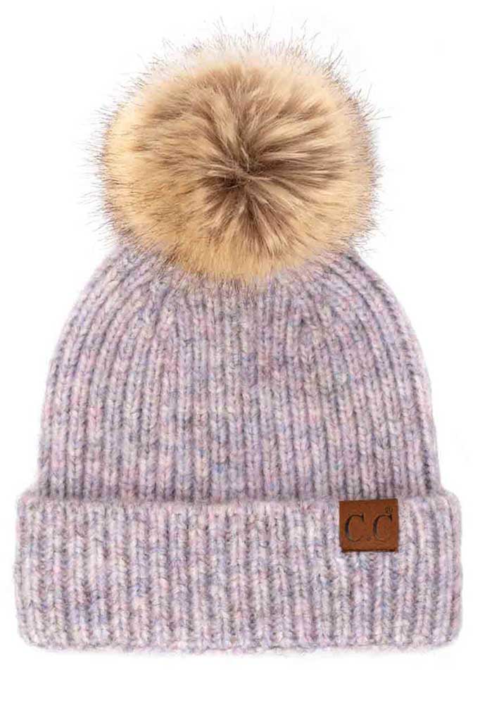 C.C Classic Rib Beanie With Faux Fur Pom