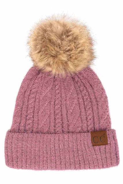 Soft Cuff Cable Knit Fur Pom C.C Beanie