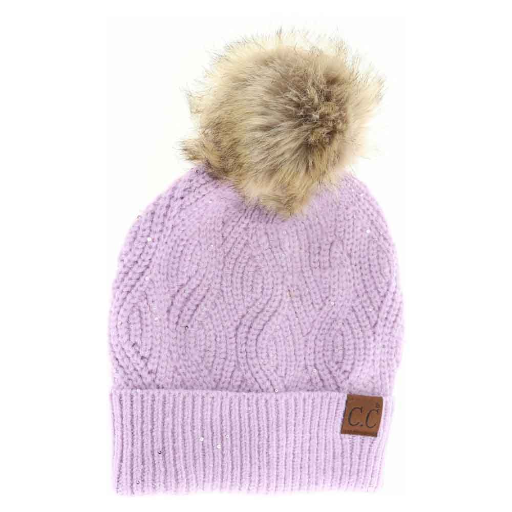 Sequin Brioche Cable Knit Fur Pom C.C Beanie