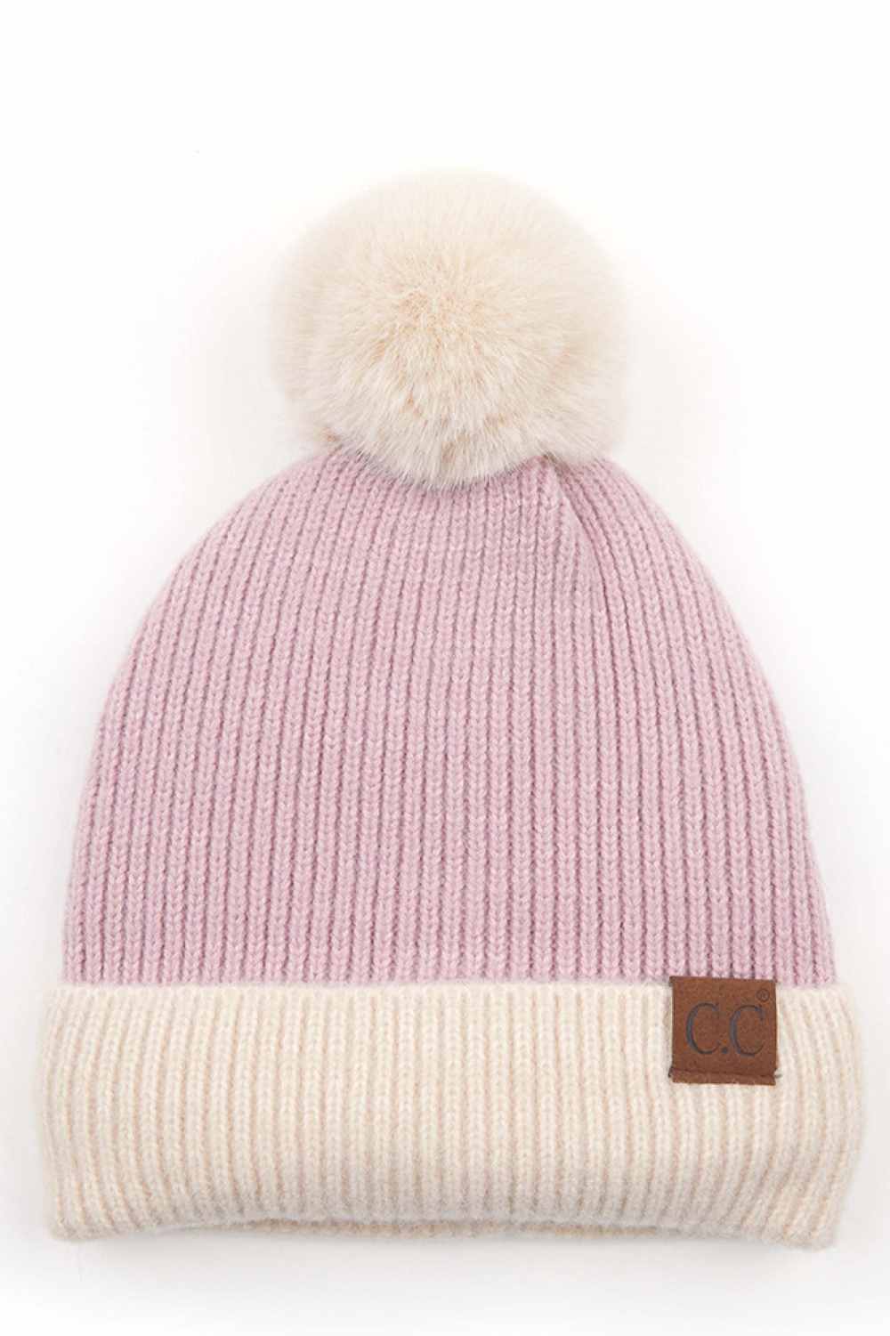 C.C Solid Color Pom Beanie with Beige Cuff