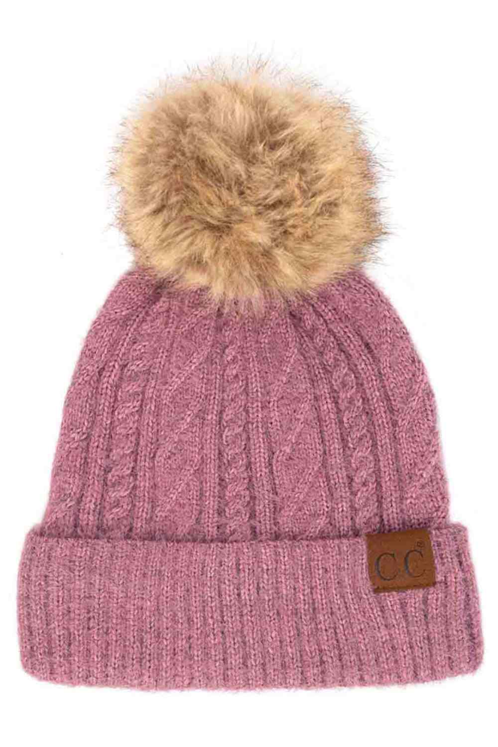 C.C Soft cuff Beanie in Mixed Cable Pattern with Faux Fur Pom