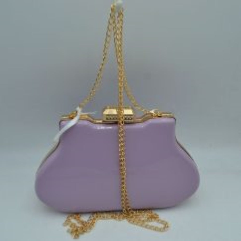 Glossy Hard Shell Clutch with Rhinestone Clasp and Chain Strap