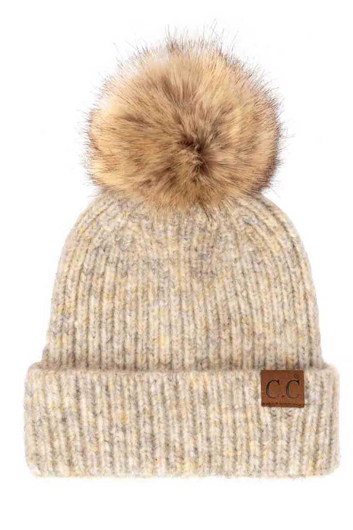 C.C Classic Rib Beanie With Faux Fur Pom