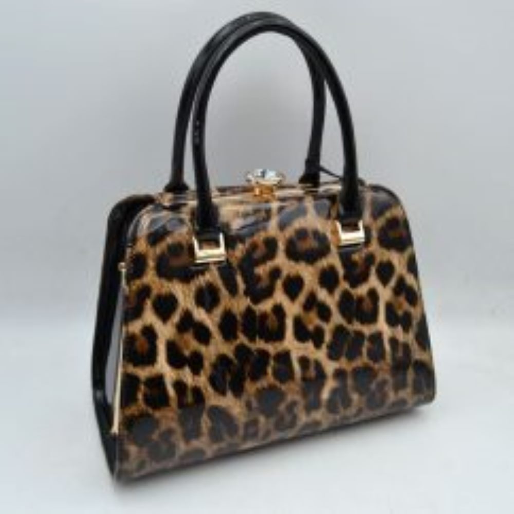 Patent Frame Satchel Handbag with Top Handles and Pearl Clasp