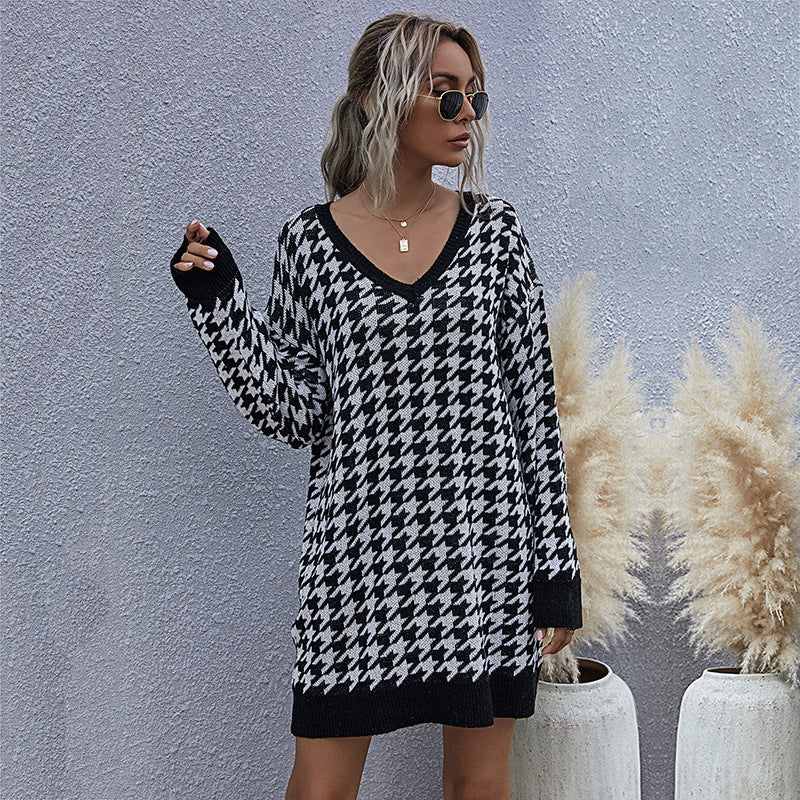 Houndstooth Slim Fit Low Neck Long Knit Sweater Dress - Closther