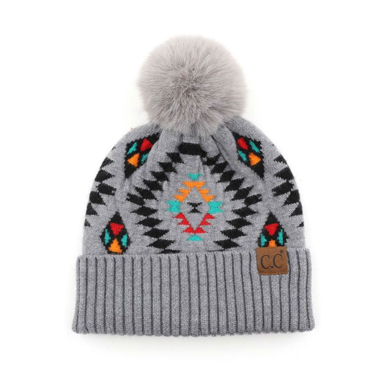 C.C Soft Aztec Pattern Beanie with Faux Fur Pom