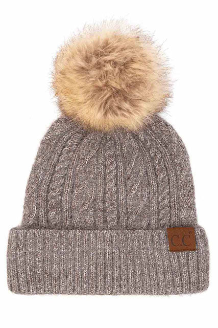 Soft Cuff Cable Knit Fur Pom C.C Beanie