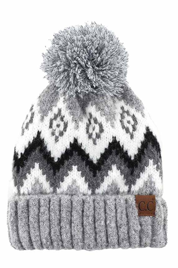C.C Soft Aztec Pattern Beanie with Knit Pom