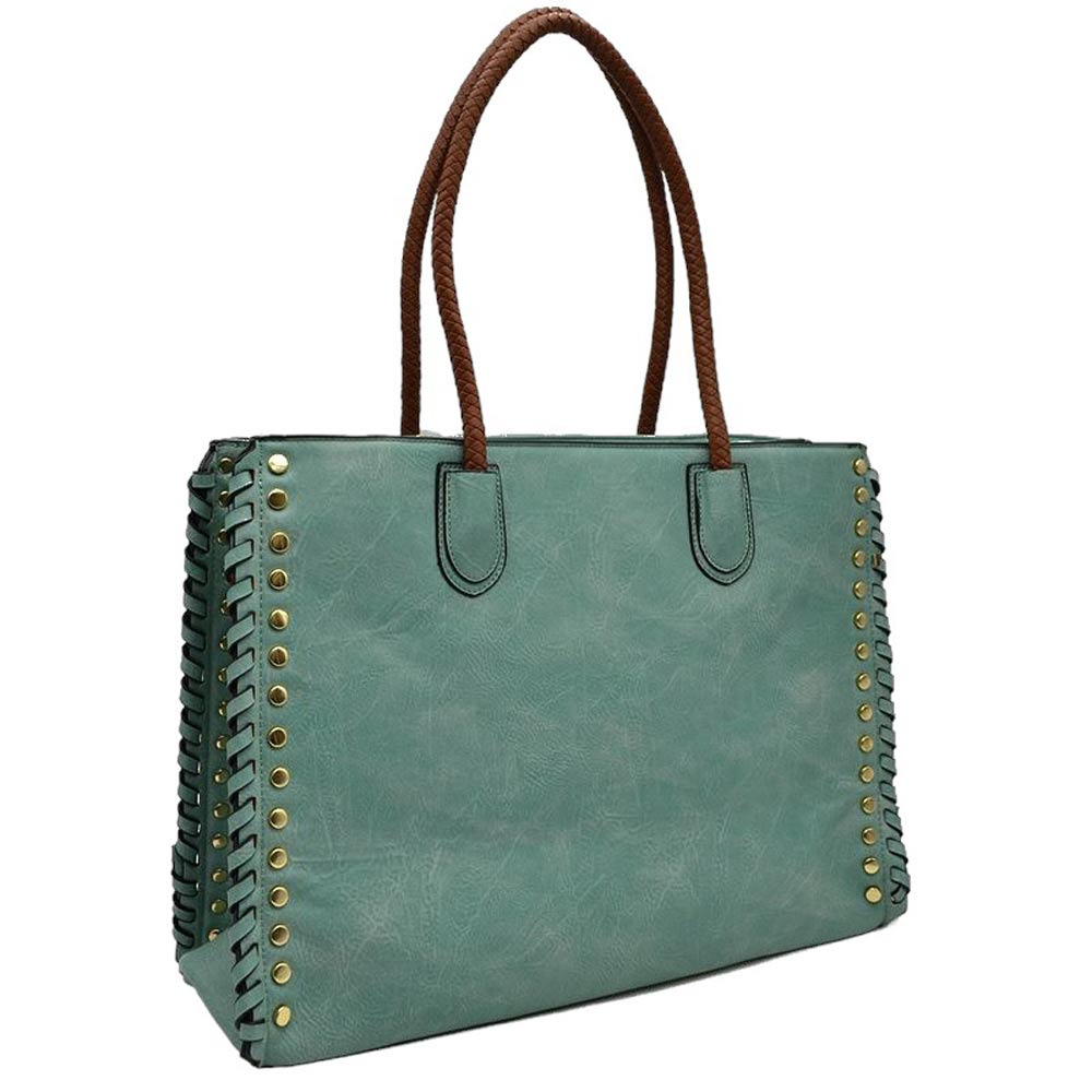 Women's Studded Faux Leather Whipstitch Shoulder Bag Tote