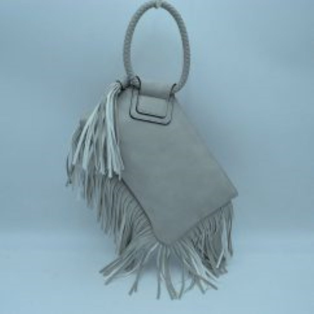 Fringe Accent Clutch Bag with Braided Circular Top Handle