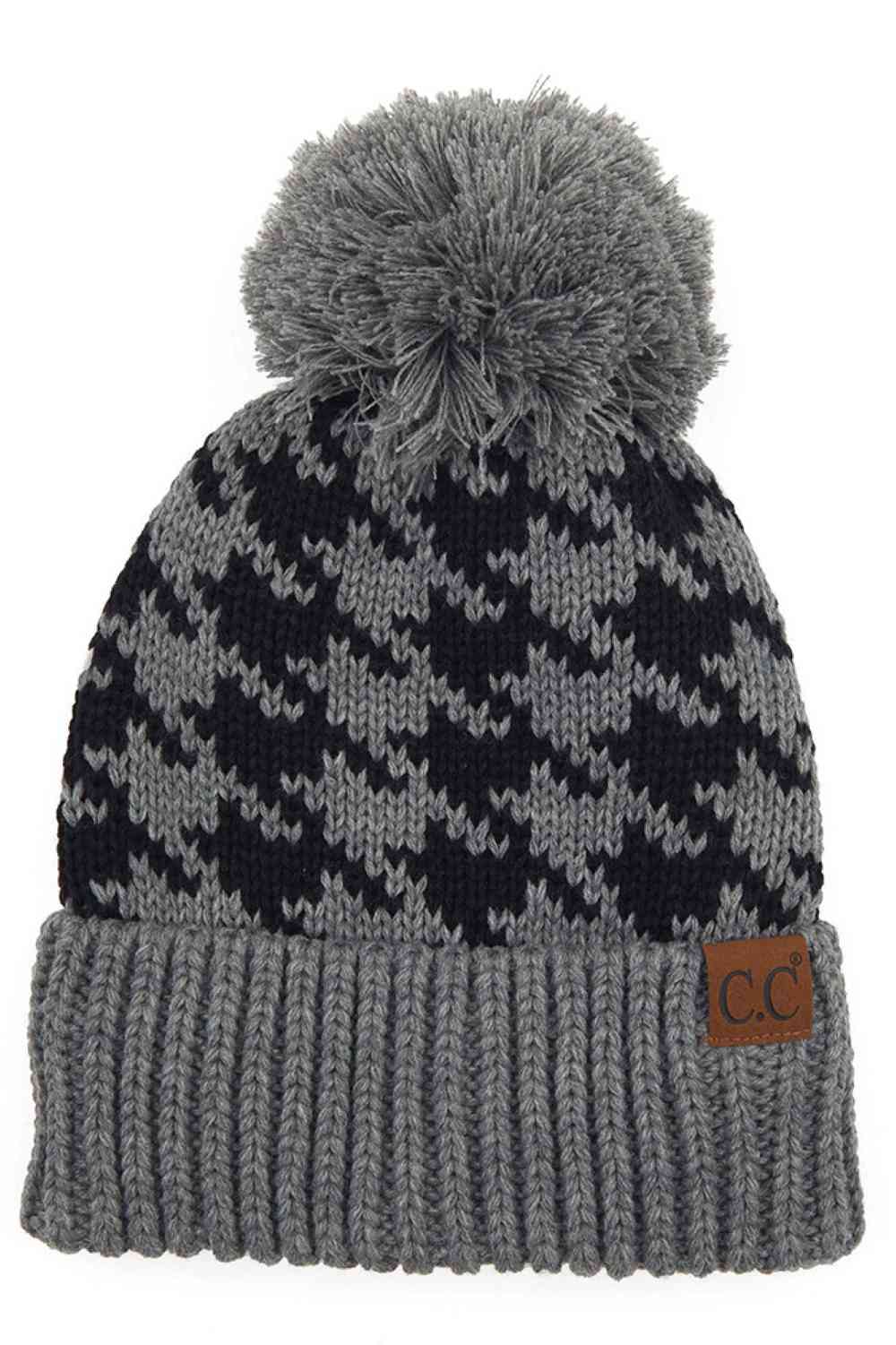 C.C Houndstooth Knit Beanie With Pom