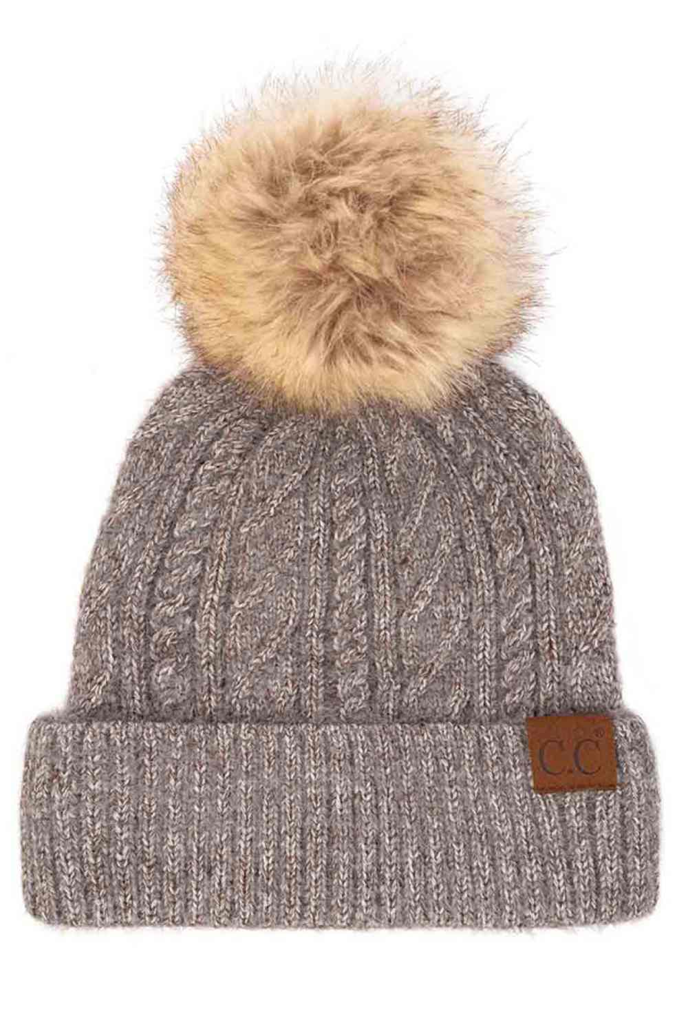 C.C Soft cuff Beanie in Mixed Cable Pattern with Faux Fur Pom