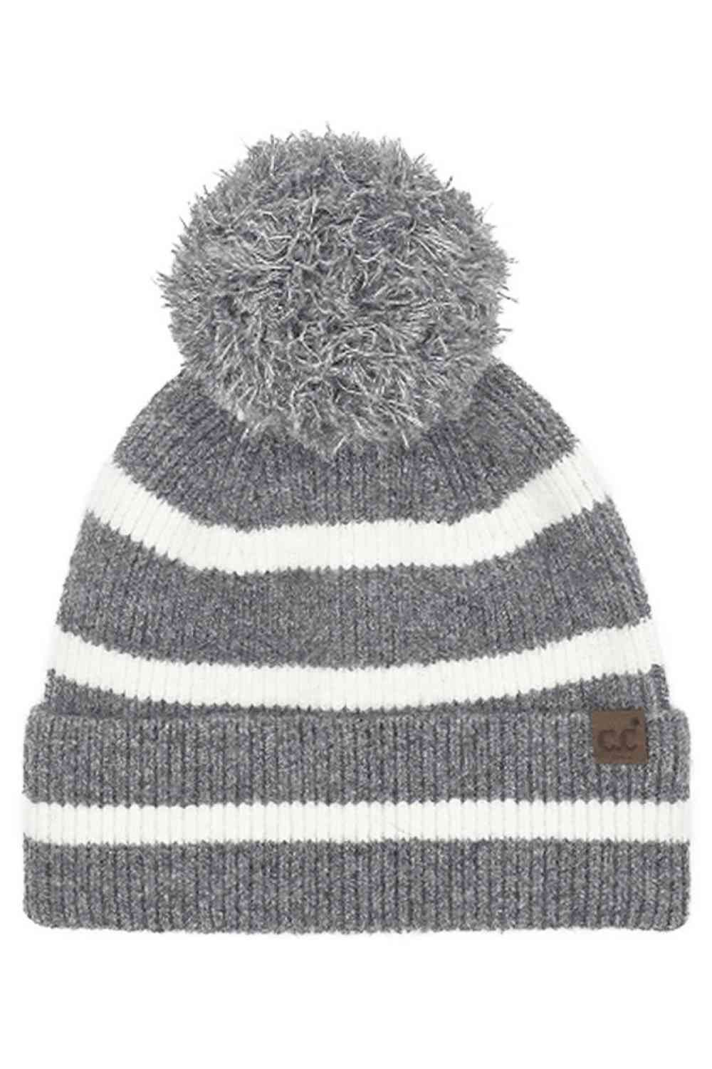 C.C Two Tone Stripe Yarn Pom Beanie