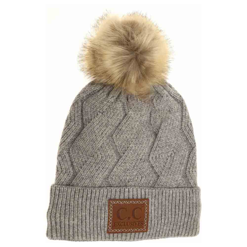 Geometric Knit Faux Fur Pom C.C Beanie