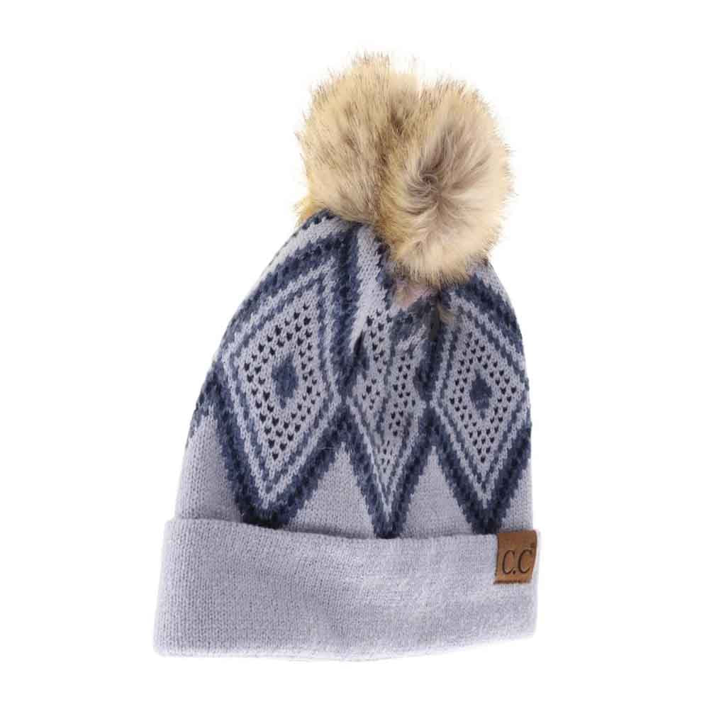 Diamond Geometric Pattern Faux Fur Pom C.C Beanie