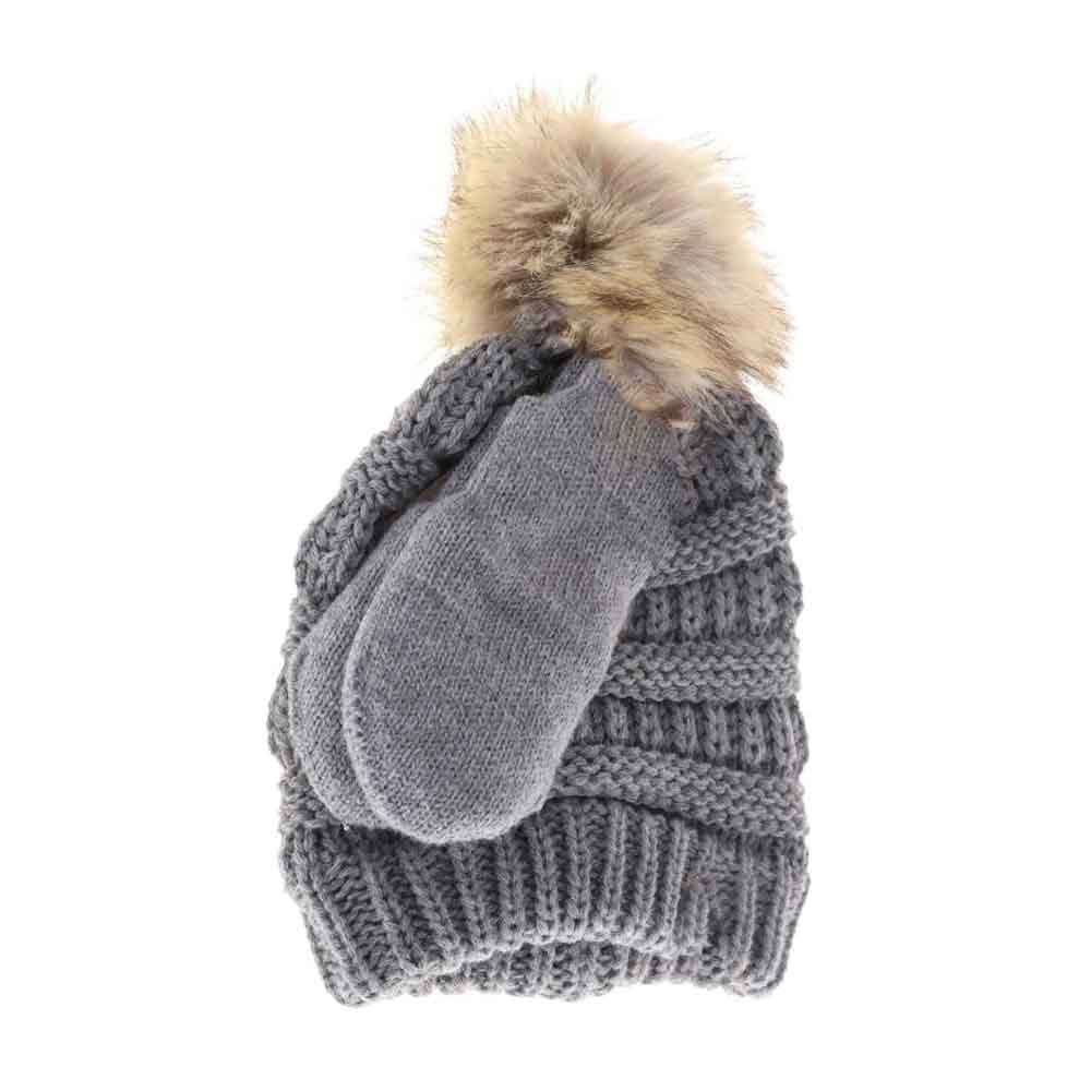 BABY Solid Knit Faux Fur Pom C.C Beanie with Mitten SET