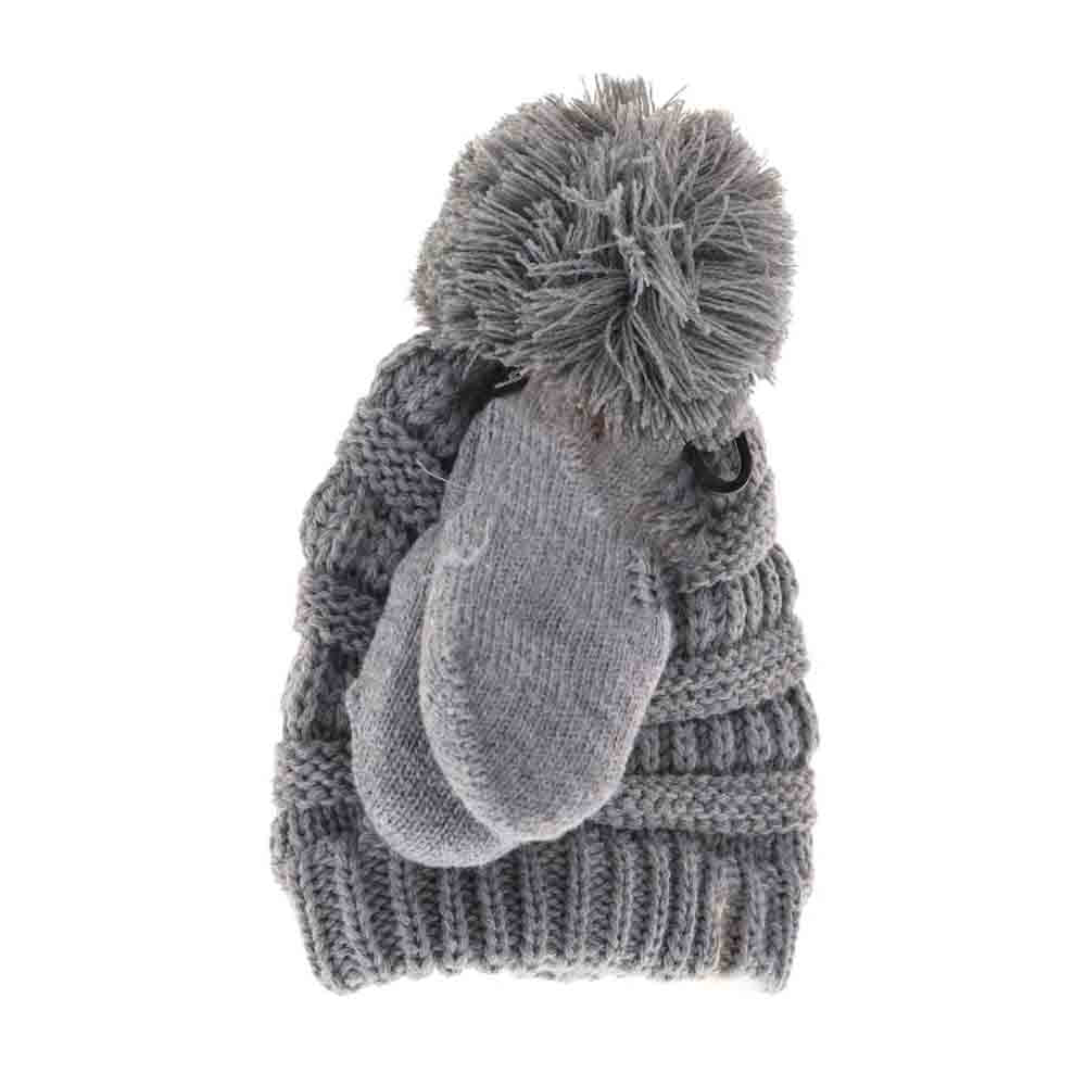 BABY Solid Knit Pom C.C Beanie with Mitten SET