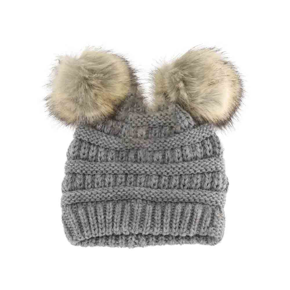 BABY Solid Ribbed Faux Fur Double Pom C.C Beanie