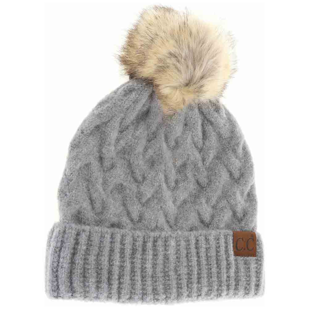 Chunky Braided Cable Knit Fur Pom C.C Beanie