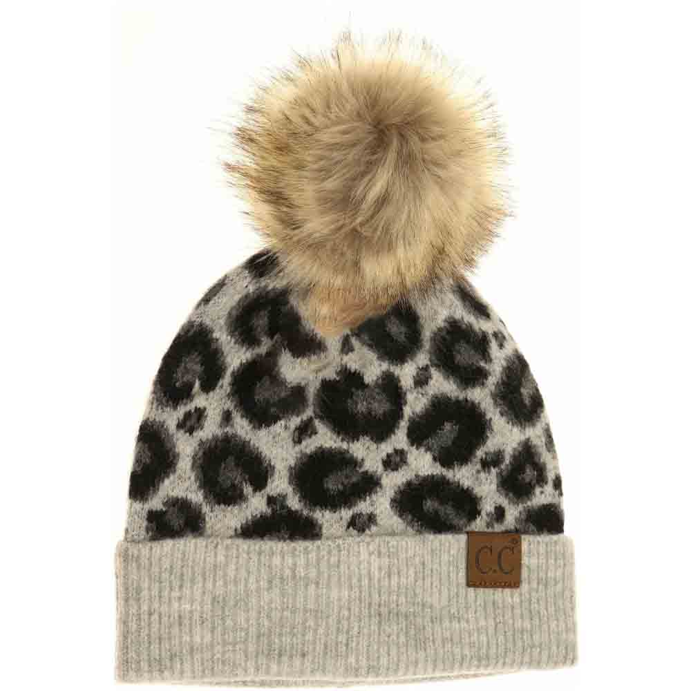 Leopard Pattern Faux Fur Pom C.C Beanie