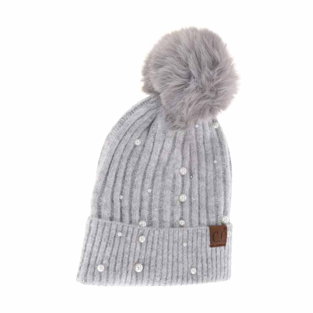 C.C Pearl Embellishments Pom Pom Beanie Hat