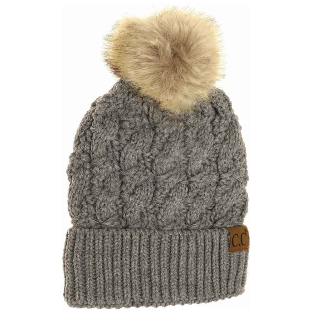 Ribbed Cable Knit Fur Pom C.C Beanie