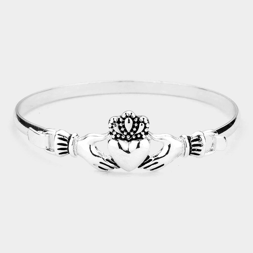 Antique Metal Claddagh Heart Accent Bangle Bracelet