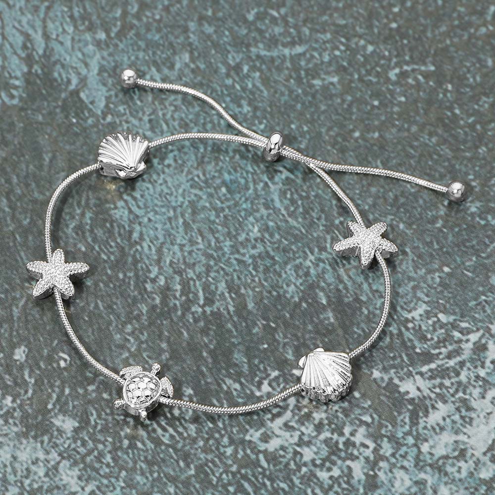 Textured Metal Starfish Shell Turtle Station Cinch Pull Tie Bracelet