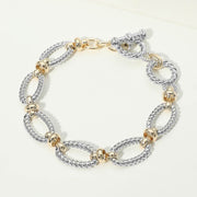 14K Gold Plated Two Tone Textured Oval Link Toggle Bracelet