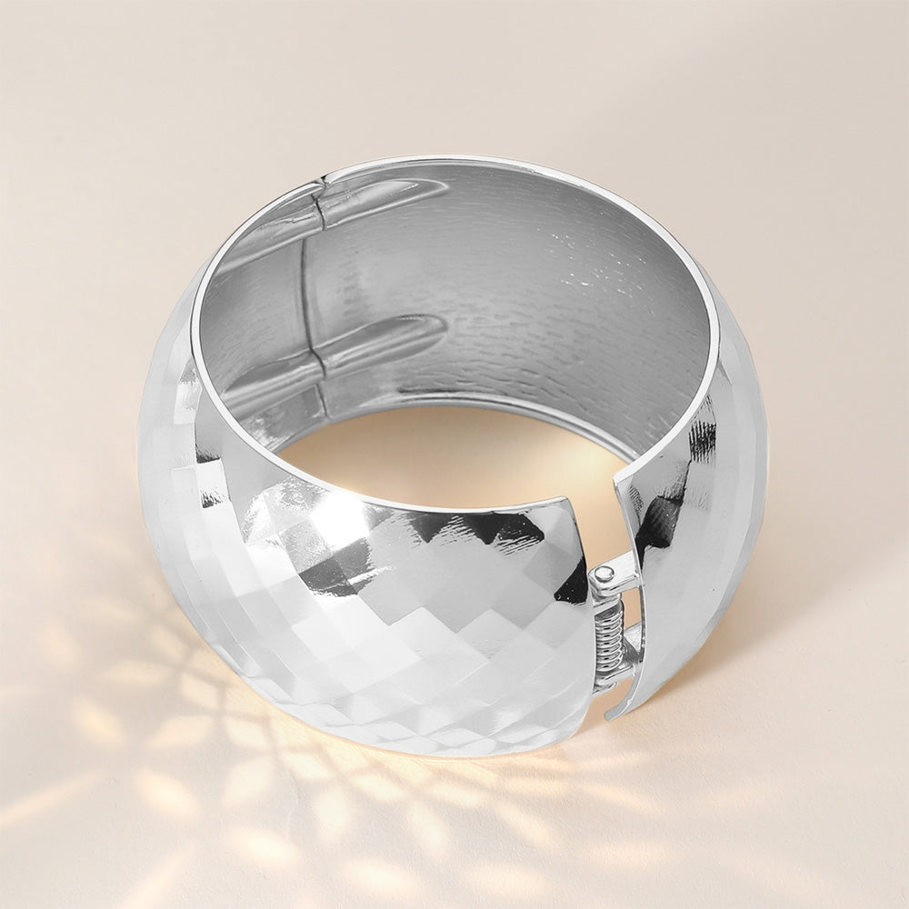 Textured Wide Chunky Metal Hinged Bangle Bracelet