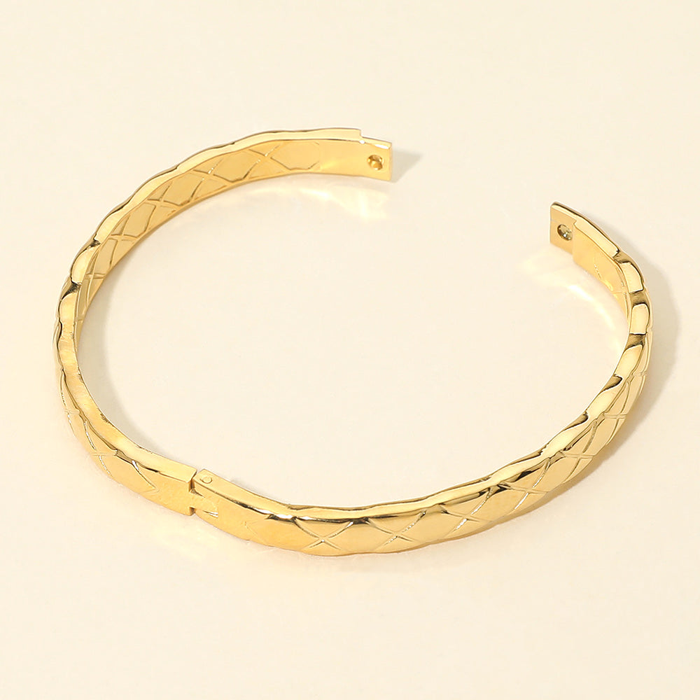 Stainless Steel Crisscross Textured Hinged Bangle Bracelet