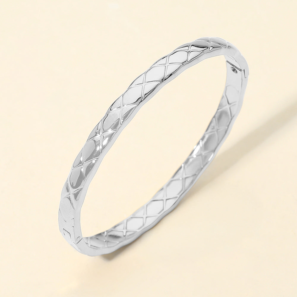 Stainless Steel Crisscross Textured Hinged Bangle Bracelet