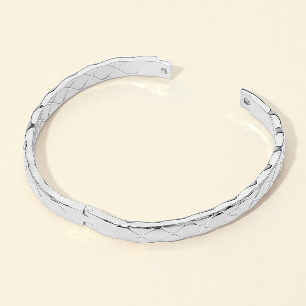 Stainless Steel Crisscross Textured Hinged Bangle Bracelet