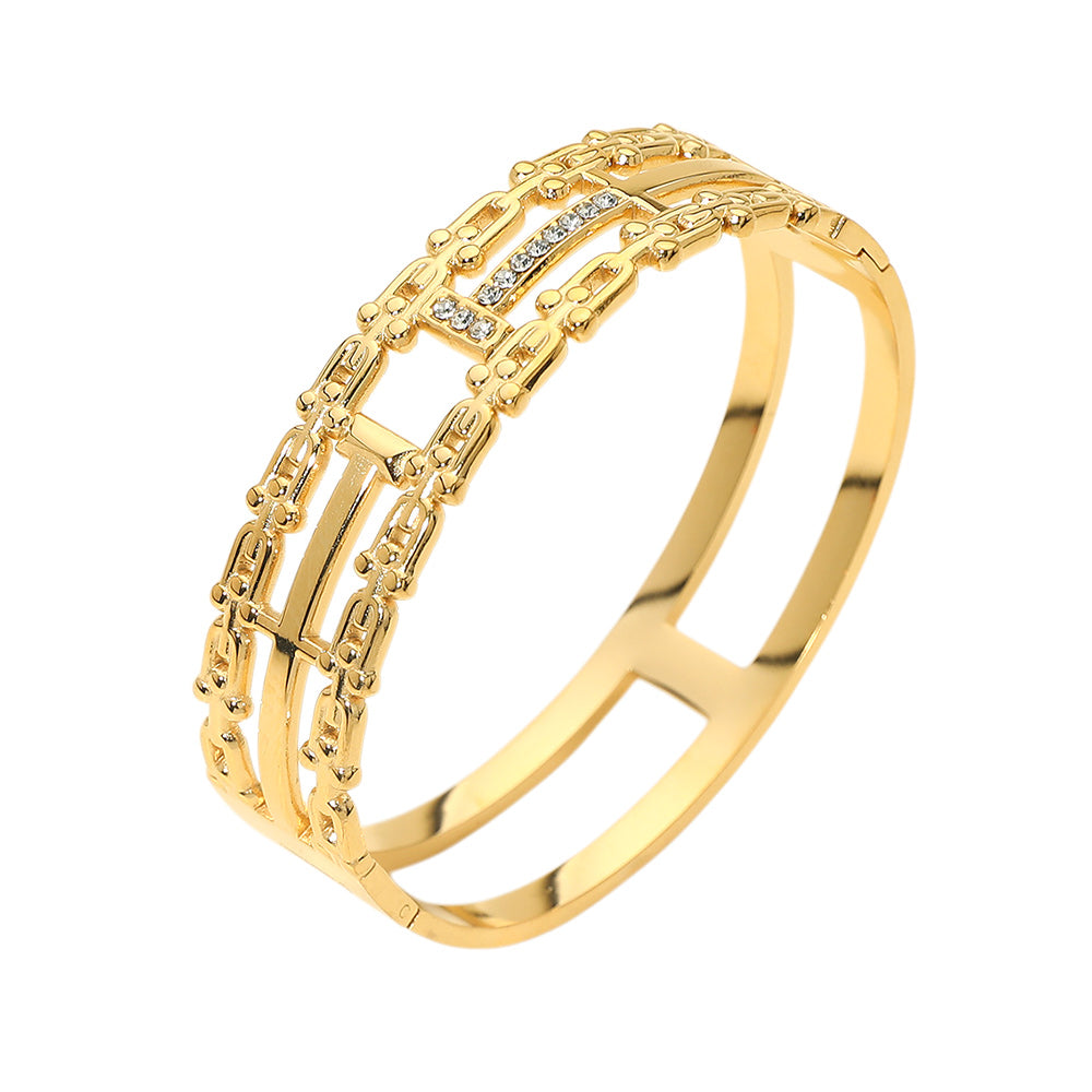 Stainless Steel Stone Pave Geometric Wide Hinged Bangle Bracelet