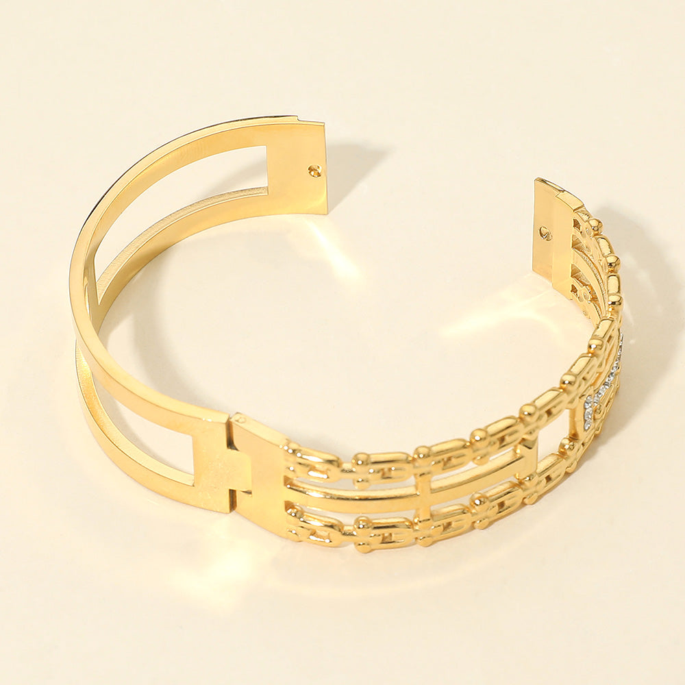 Stainless Steel Stone Pave Geometric Wide Hinged Bangle Bracelet