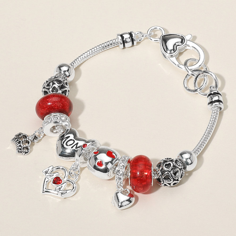 MOM Message Crown Heart Charm Beaded Bracelet