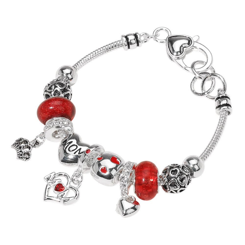 MOM Message Crown Heart Charm Beaded Bracelet