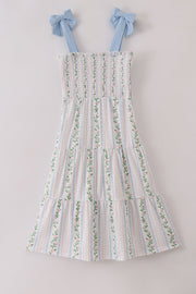Blue floral print smocked women dress
