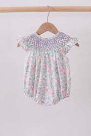 Green Floral Smocked Bubble