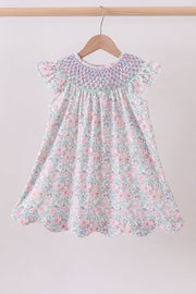 Green Floral Smocked Dress