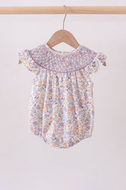 Purple Floral Smocked Ruffle Bubble