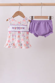 Purple rose bow smocked ruffle bloomer set