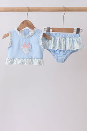 Blue character applique ruffle 2pc swimsuit