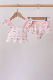 Pink bow castle ruffle 2pc swimsuit