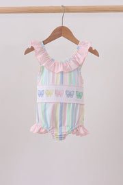 Rainbow stripe butterfly smocked ruffle one-piece swimsuit